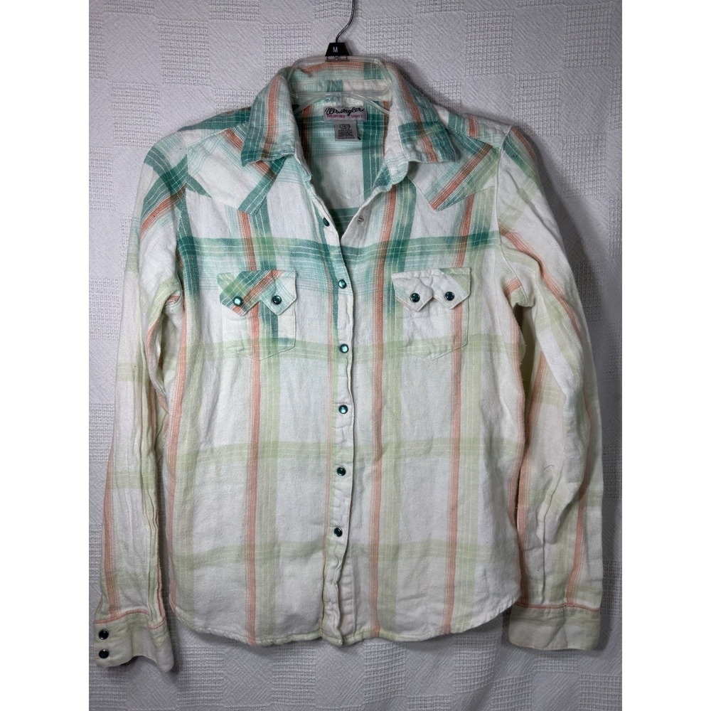 Wrangler Wrancher Plaid Western Snap Front Shirt Teal Orange White Long Sleeve L